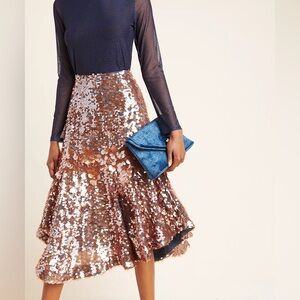 Anthropologie x Dhruv Kapoor Sequin Midi Skirt Rose Gold Mauve Blue Size 4